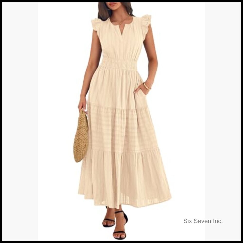 Breathable Cotton Maxi Dress with Pockets, Flutter Sleeves, Elastic Waist - Picture 2 of 7
